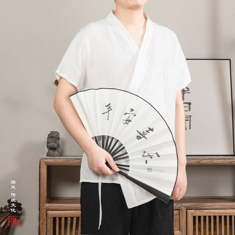 Chinese Style Men's Clothing, New Chinese Style Short-Sleeved Cardigan with Tie, Asymmetrical Collar, Improved Summer Hanfu