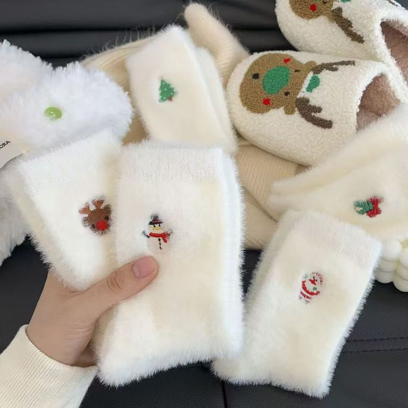 秋冬款袜子女白色水貂绒圣诞袜雪人圣诞老人圣诞树元素加厚保暖袜|undefined