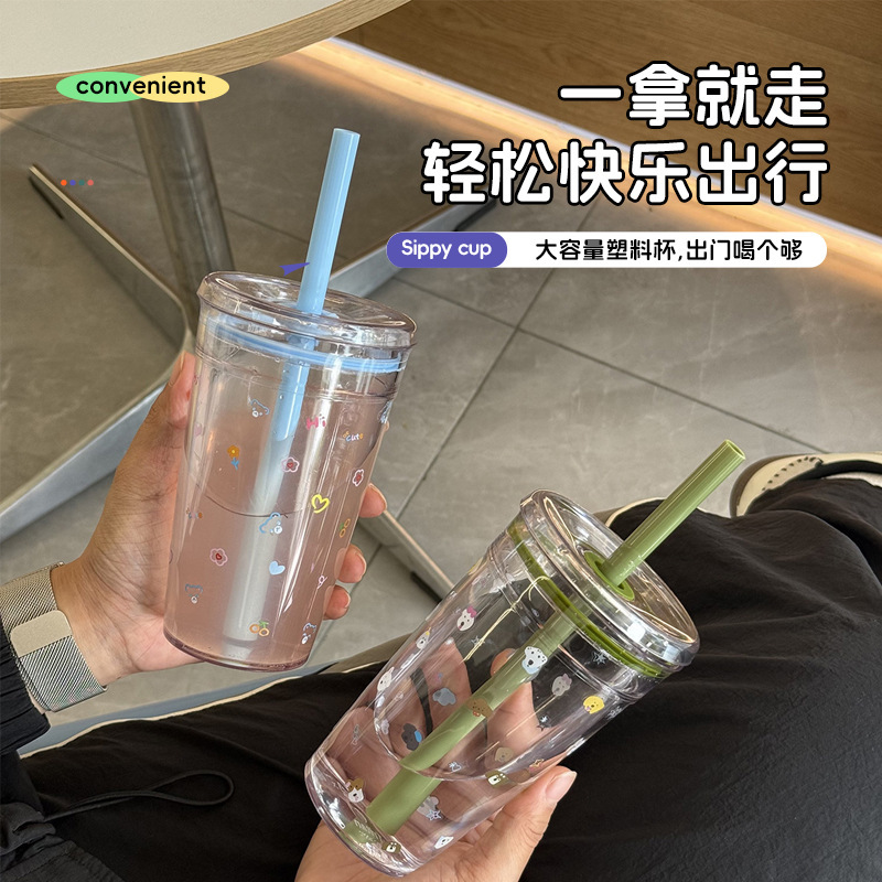 越境夏の新作、高颜值ミルクティー用小型青色プラスチックカップ、透明で多色のストロー付きコーヒーカップ、オフィス用ウォーターカップ|undefined