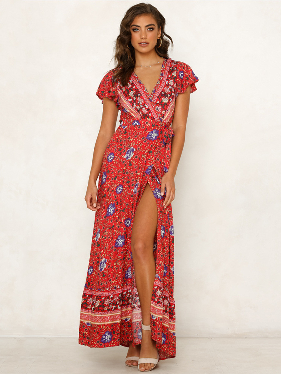 Summer Best-selling Women's Clothing, Wish Hot-selling Bohemian Printed , Short-sleeved Beach Vacation Long_ecoleips.com