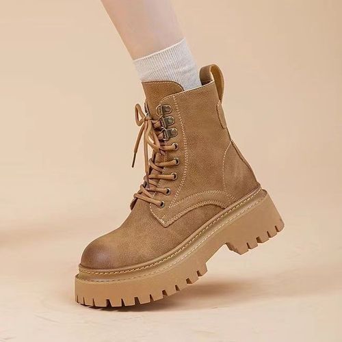 Women's Fleece Lined Martens 2024 Spring and Autumn New Brown Height Increasing Work Western Cowboy Boots with Thick Soles Hot Sale Winter