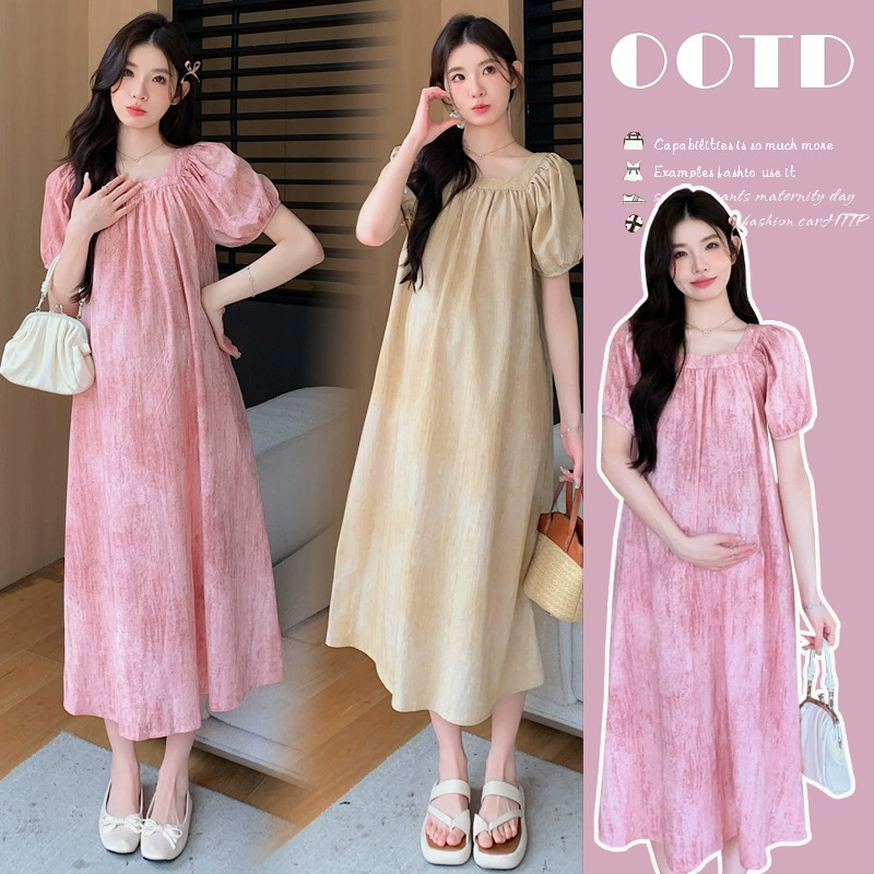 Реальный выстрел 2023 летом новый хлопок и конопляный жареный цвет градиент беременной матери темперамент высокого уровня ретро беременные средние длинные платья