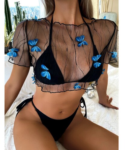 New split three-piece butterfly mesh bikini