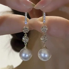 精致高级感钻球珍珠流苏耳环2024年新款精致闪钻耳坠时尚百搭耳饰