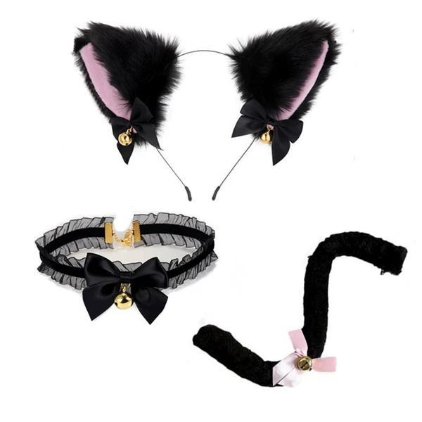 Black hair pink cat ears + neck collar + tail