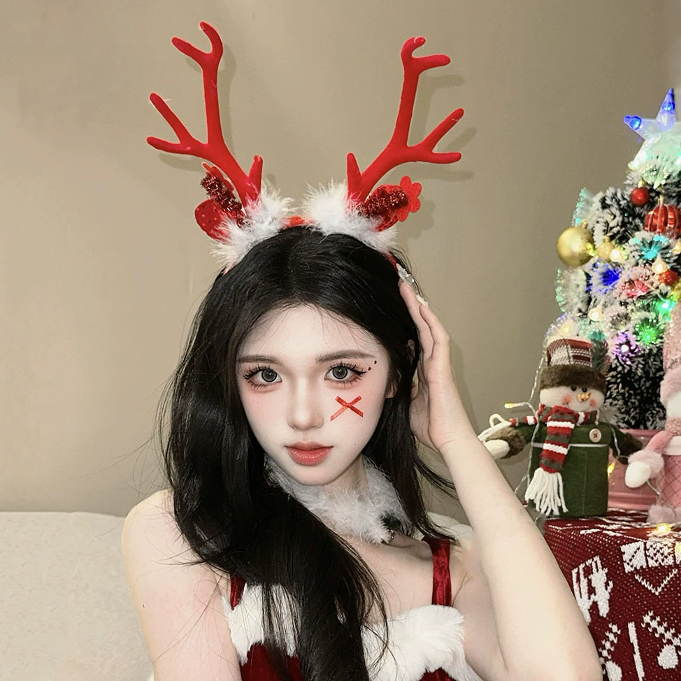 Рождественский сосновый колокольчик большой оленьий рог обруч для волос Сладкая темпераментная шляпа снежинка меха обруч для праздничной фотографии аксессуаров для волос