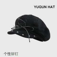 韩系复古水洗铆钉贝雷帽女春夏小众扎染帽子灰色朋克显脸小八角帽