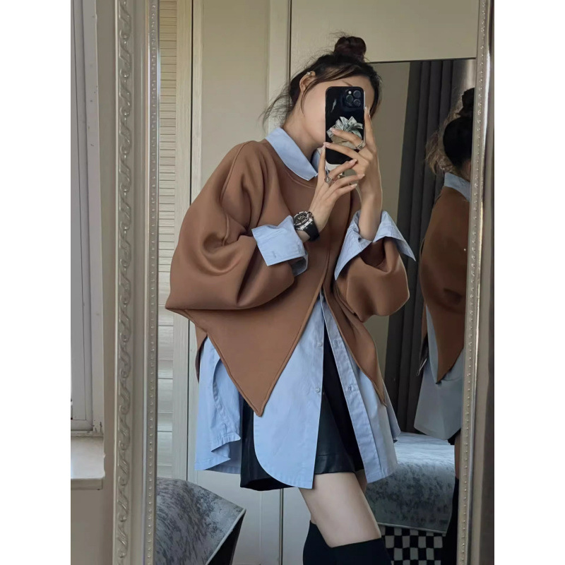 2024秋季新款宽松百搭中长款衬衫小众不规则斗篷卫衣洋气两件套女