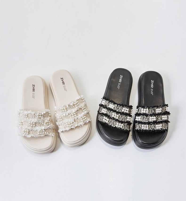 Dép sandal nữ đế bệt phong cách tiên nữ đính ngọc trai — M359 đen chi tiết 10