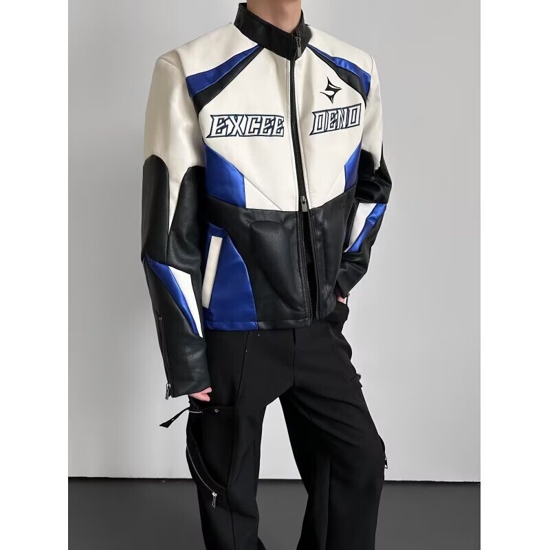 American-style leather jacket for men, new spring and autumn model, color-blocked motorcycle riding racing jacket, couple's aviator jacket American-style leather jacket for men, new spring and autumn model, color-blocked motorcycle riding racing jacket, couple's aviator jacket