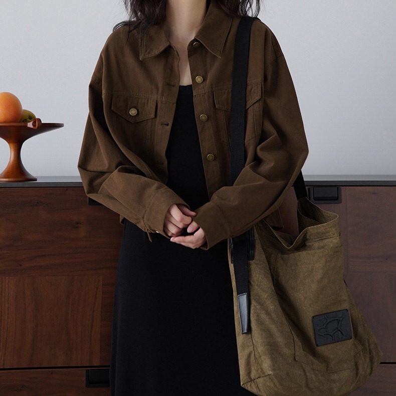 Ready-Stock Cotton Workwear Jacket for Women, Brown, Petite, Short Shirt Top for Styling