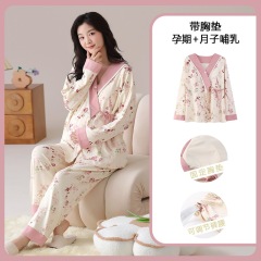 带胸垫月子和服秋冬产后大码孕妇睡衣产妇坐月哺乳喂奶家居服套装