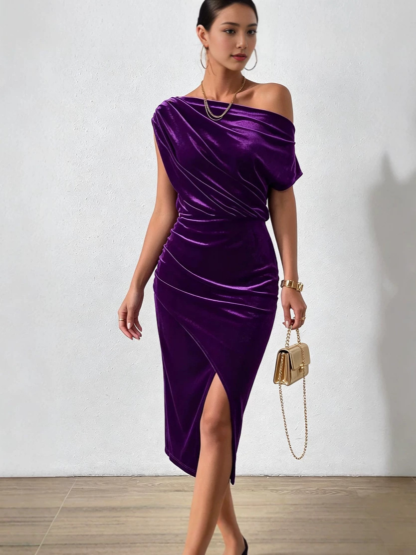 Vestido con hombros descubiertos y cuello de una línea para mujer, nuevo producto transfronterizo, Speedcom Amazon Temperament Commuting, verano 2026