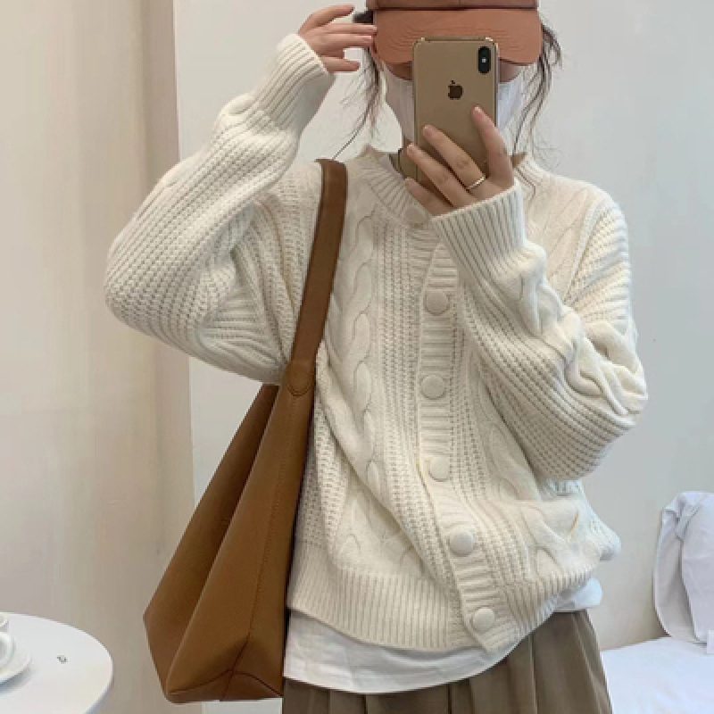 Art coreano simple engrosado cardigan de punto de torsión principios de otoño nuevo estilo coreano suave leche suéter suelto abrigo de moda image 4