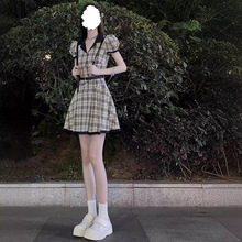 美式学院风格纹连衣裙女夏小个子显高收腰显瘦复古裙子设计感小众