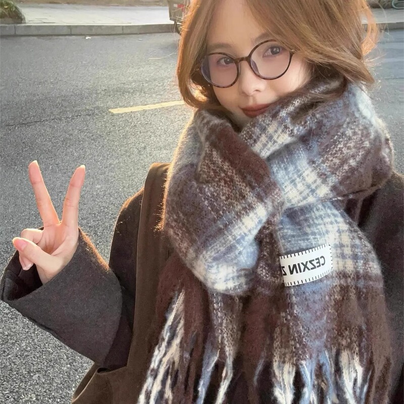 糯叽叽温柔灰粉格子围巾女2025秋冬季保暖仿羊绒学生围脖披肩两用|undefined