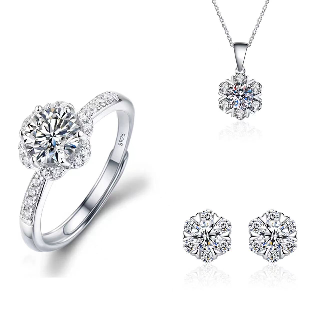 Imitación moissanite seis-garra pendientes collar anillo conjunto de tres piezas ZIRCON temperamento colgante oreja anillo de unión traje de joyería