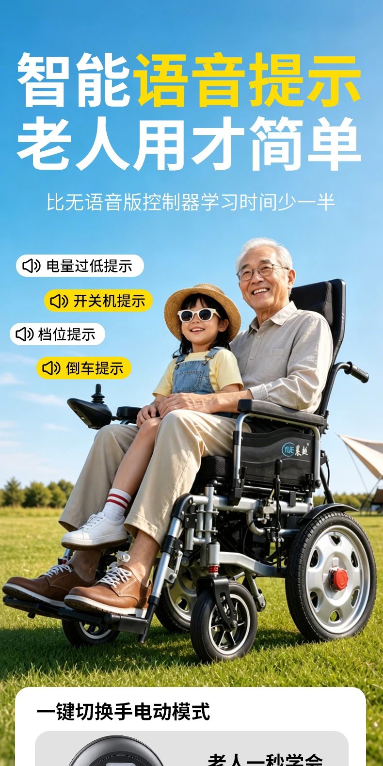 Branded electric wheelchair, intelligent, fully automatic, specially designed for the elderly and disabled, foldable, lightweight, four-wheel mobility aid