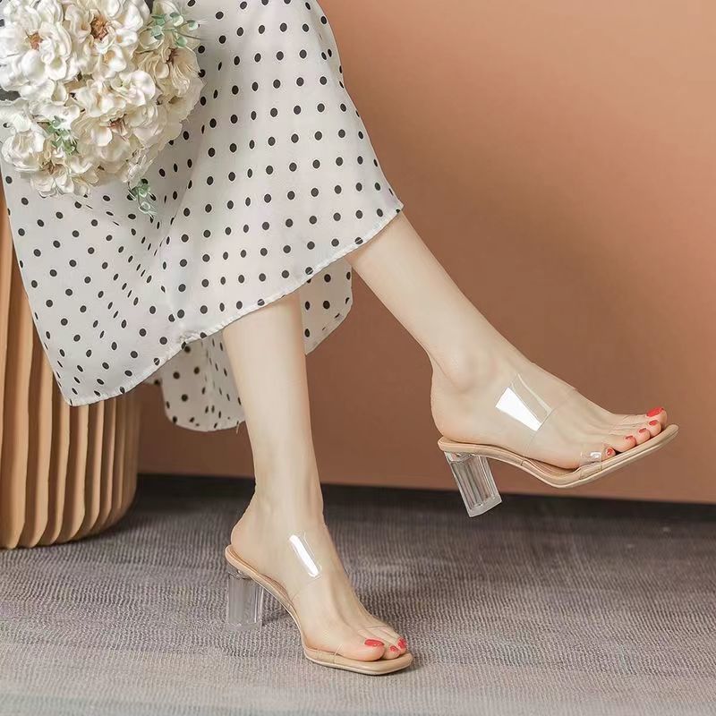 网红水晶跟透明凉拖鞋女外穿粗跟一字带时尚百搭2025