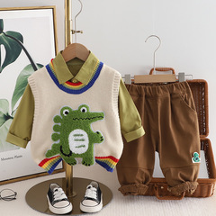 2024新款男童春裝時髦卡通毛衣馬甲三件套小童 帥氣源頭 廠家批發