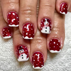 圣诞节雪人红色假指甲欧美跨境圣诞节美甲片可拆卸假指甲短款