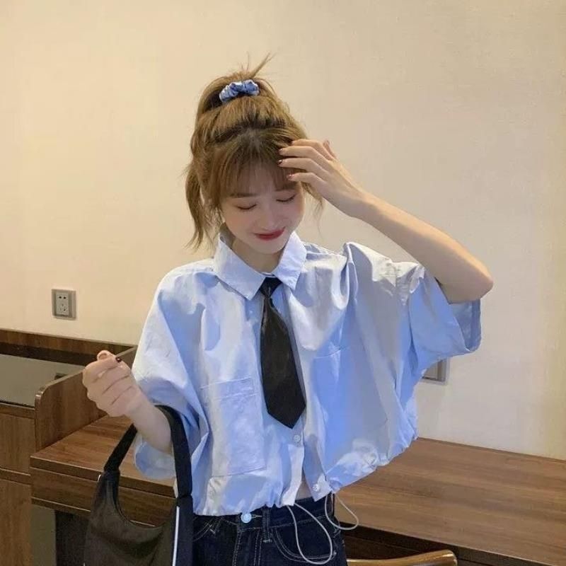 College-Style Short-Sleeved Shirt Tops for Women, Loose and Slimming, Niche Design, Loose Short Drawstring Jeans Set