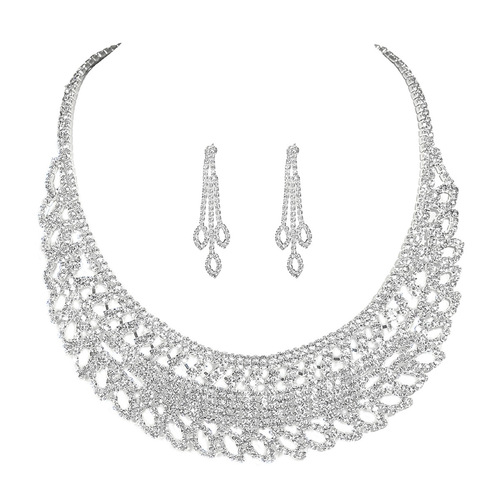 All-Copper Luxury Water Diamond Geometric Engraved Necklace Earrings Set Bride Diamond-Studded Necklace Earrings Set