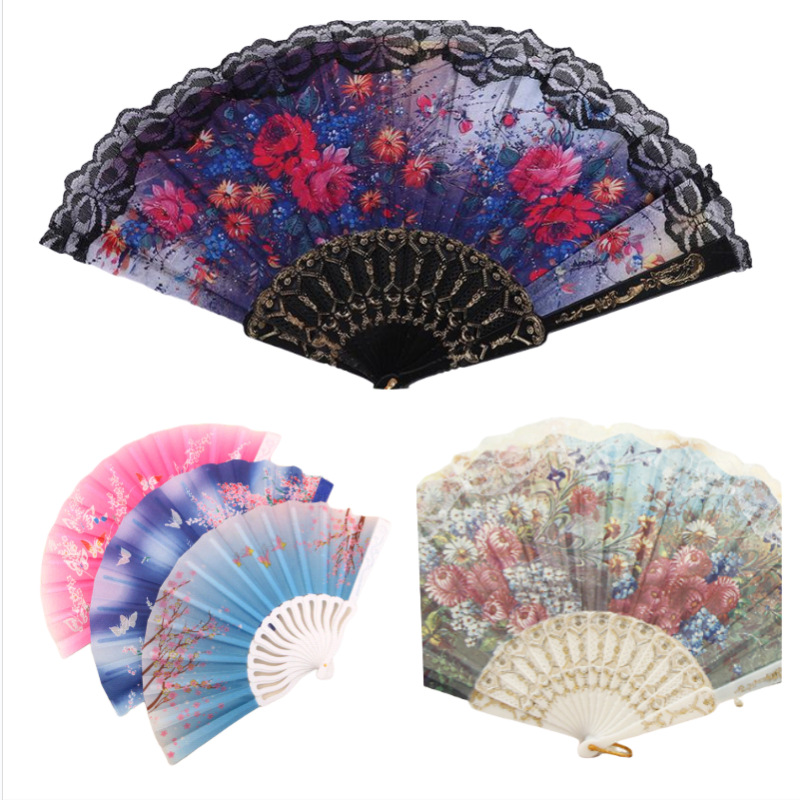 西班牙黑花边白花边蕾丝扇烫金工艺折扇夏季中国风舞蹈拍照批发