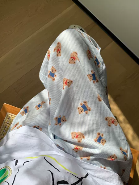 Light blue striped bear-double-layer gauze trousers