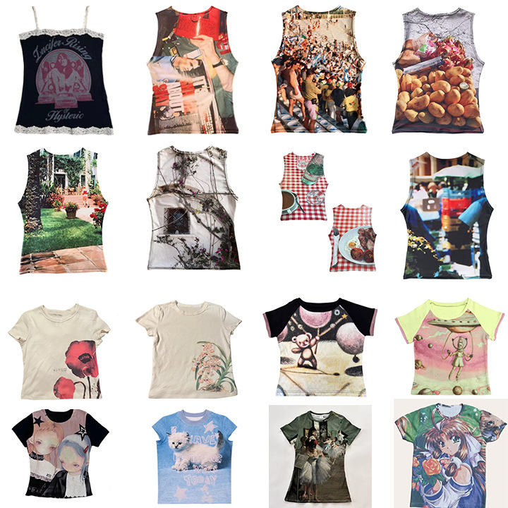 Europe and the United States cross-border fashion 3D pattern printing retro round neck American slim fit hot girl stitching top women's wholesale