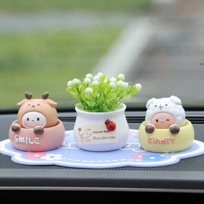 Car ornaments, head animals cute car - little-deer-puppy-white-potted-plant-blue-lucky-mat