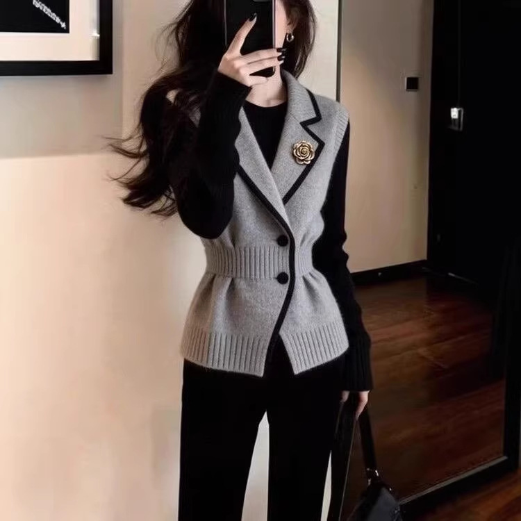 Áo gile len nữ phong cách Pháp dệt kim màu xám ôm eo — màu xám chi tiết 4