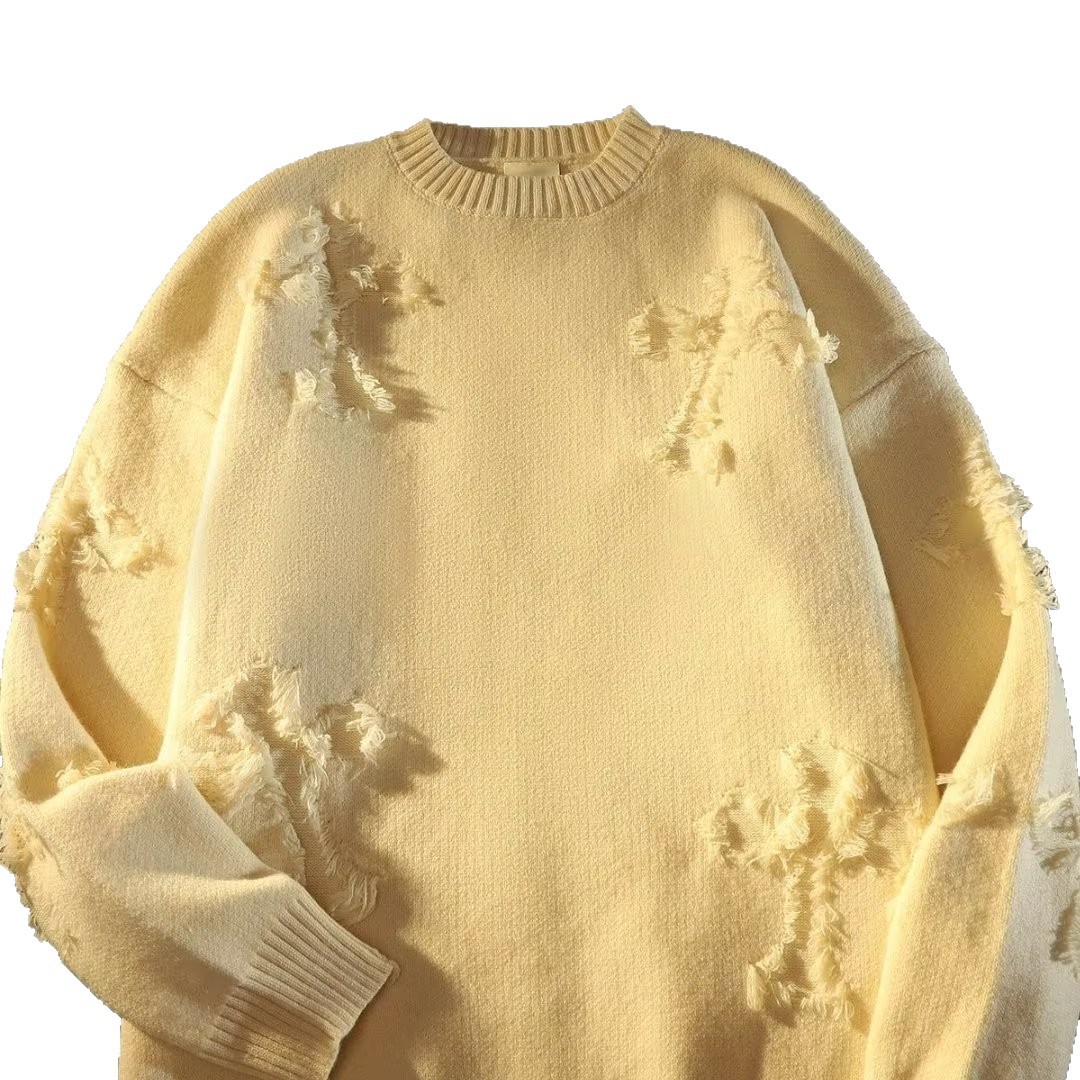 Otoño y invierno nuevos agujeros de bordillo camisa de punto suéter hombre y mujer marca de moda cruz abrigo cálido comercio exterior al por mayor transfronterizo