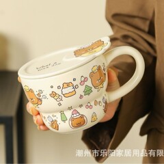 卡通涂鸦马克杯高颜值动物陶瓷杯带盖学生陶瓷水杯送闺蜜生日礼物