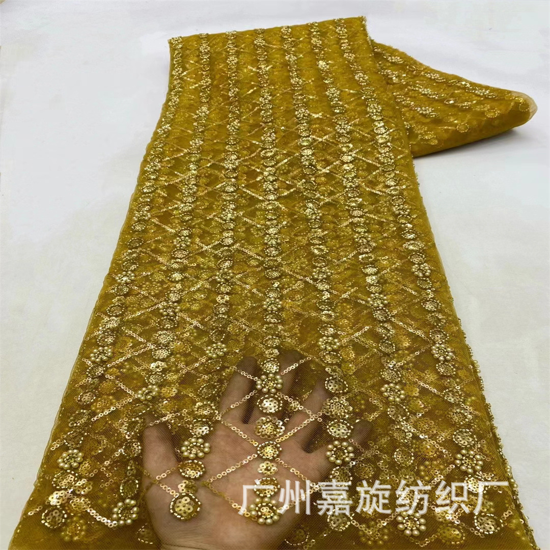 Fabricado de boda pesado francés bordado sequinilla tubo de perlas bordado tela de sequillas bridales tela JX4174