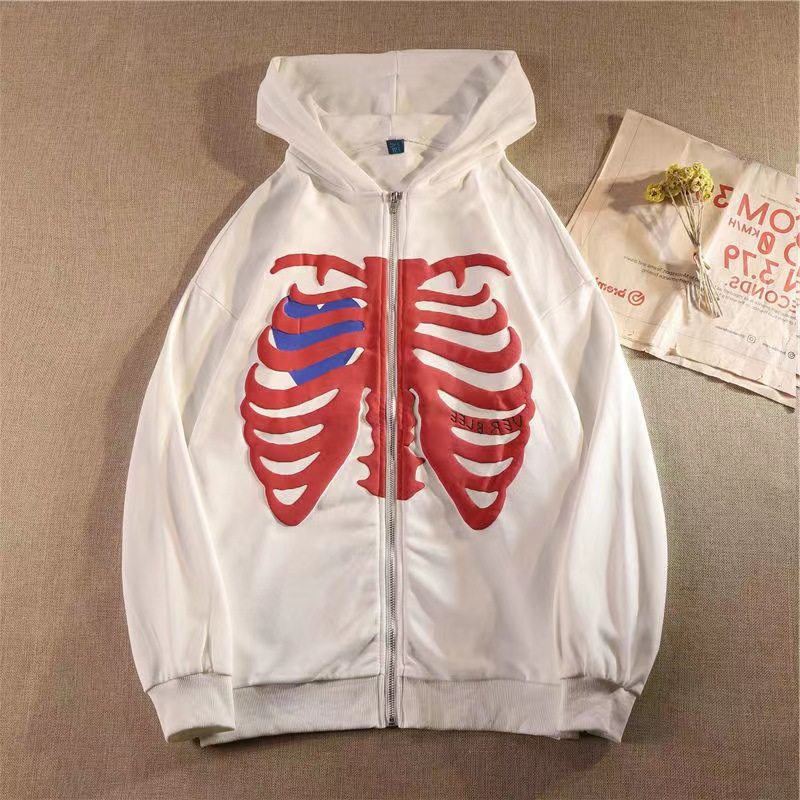 2023 New Cardigan Sweatshirt Side Pocket Skull Chest Bone Print Spring Autumn Fleece Hoodie Jacket_voghion.com