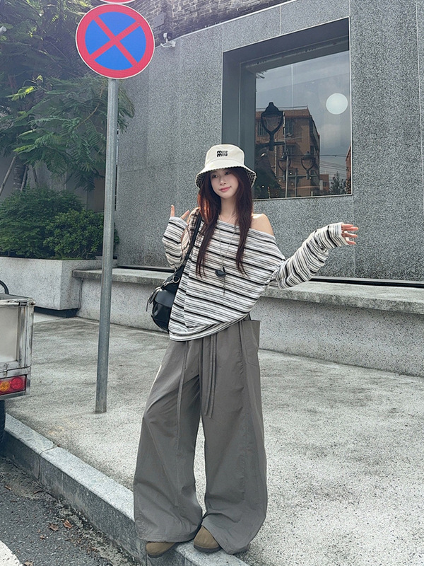韩系斜领露肩条纹长袖T恤慵懒抽绳阔腿裤女2025秋季新款时尚套装|undefined