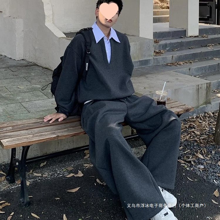 韩系早秋穿搭一整套衬衫领假两件卫衣搭配休闲宽松卫裤运动套装男|undefined