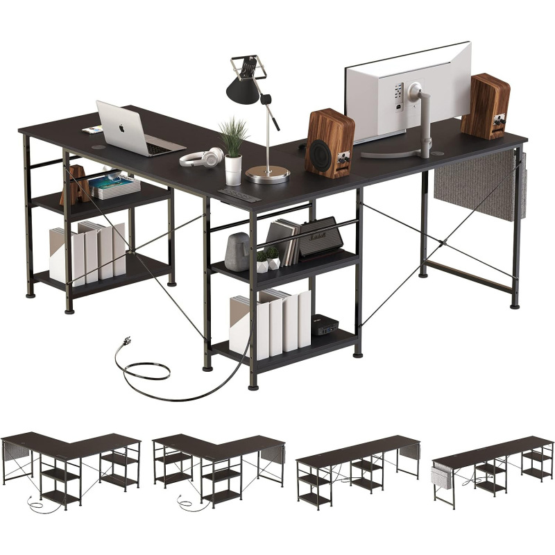 Home Office game desk with power socket and USB port small L-shaped computer desk with LED bar and earphone hook Home Office game desk with power socket and USB port small L-shaped computer desk with LED bar and earphone hook