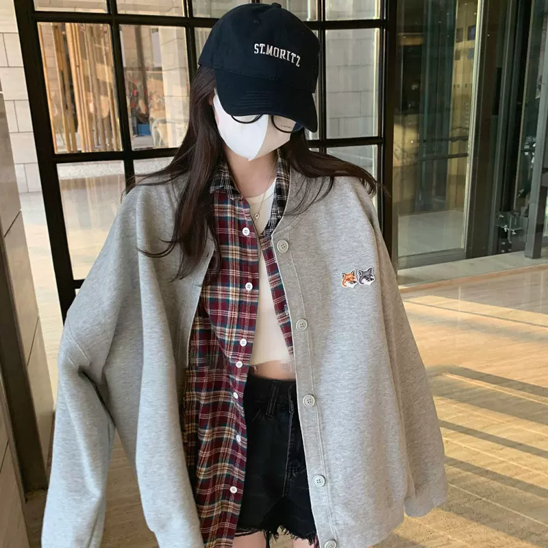 韩国小众潮牌2025春季狐狸刺绣卫衣开衫女宽松休闲上衣外套情侣