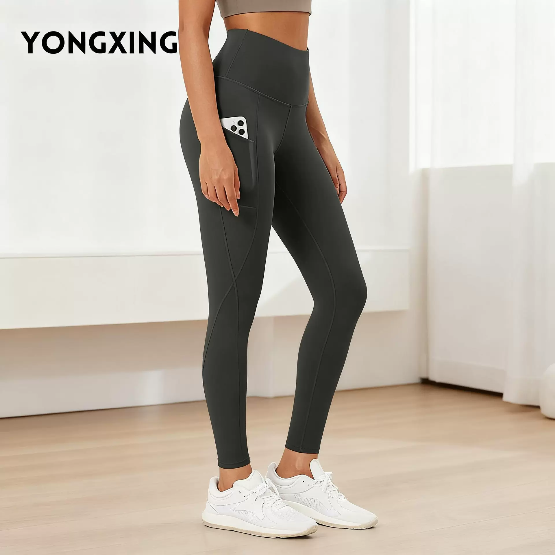 跨境欧美口袋式高腰瑜伽长裤女微胖加大高弹舒适健身运动长裤