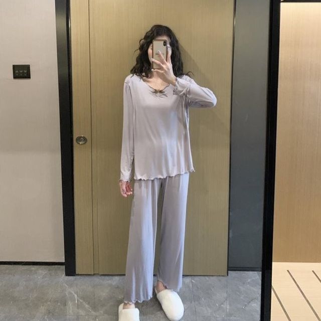 莫代尔孕妇睡衣秋季薄款孕产后哺乳纯色家居服简约月子服潮妈套装