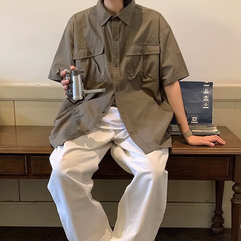 夏季ins廓形高级感时尚衬衫短袖男款潮宽松百搭免烫纯色休闲衬衣