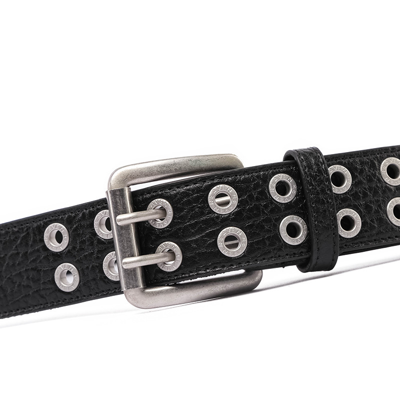 European and American Hip-Hop Men's Belt Double-Row Eye Jeans Fashion Belt Korean Style First-Layer Buffalo Leather Webbing Men's Belt
