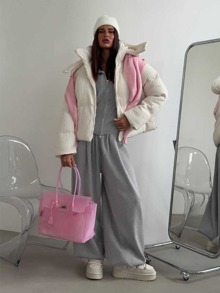 Set áo len cardigan dáng rộng phối quần ống lồng hai dây kéo — màu hồng, màu xám chi tiết 10
