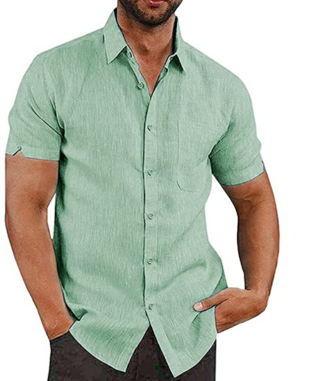 Camisa de lino para hombre, manga corta, con botones, de color liso, con solapa, éxito de ventas en Amazon y eBay en 2025.