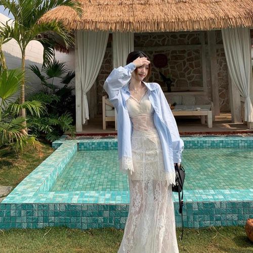 Lace patchwork loose long-sleeve women's shirt 2025 spring polo collar fashion casual