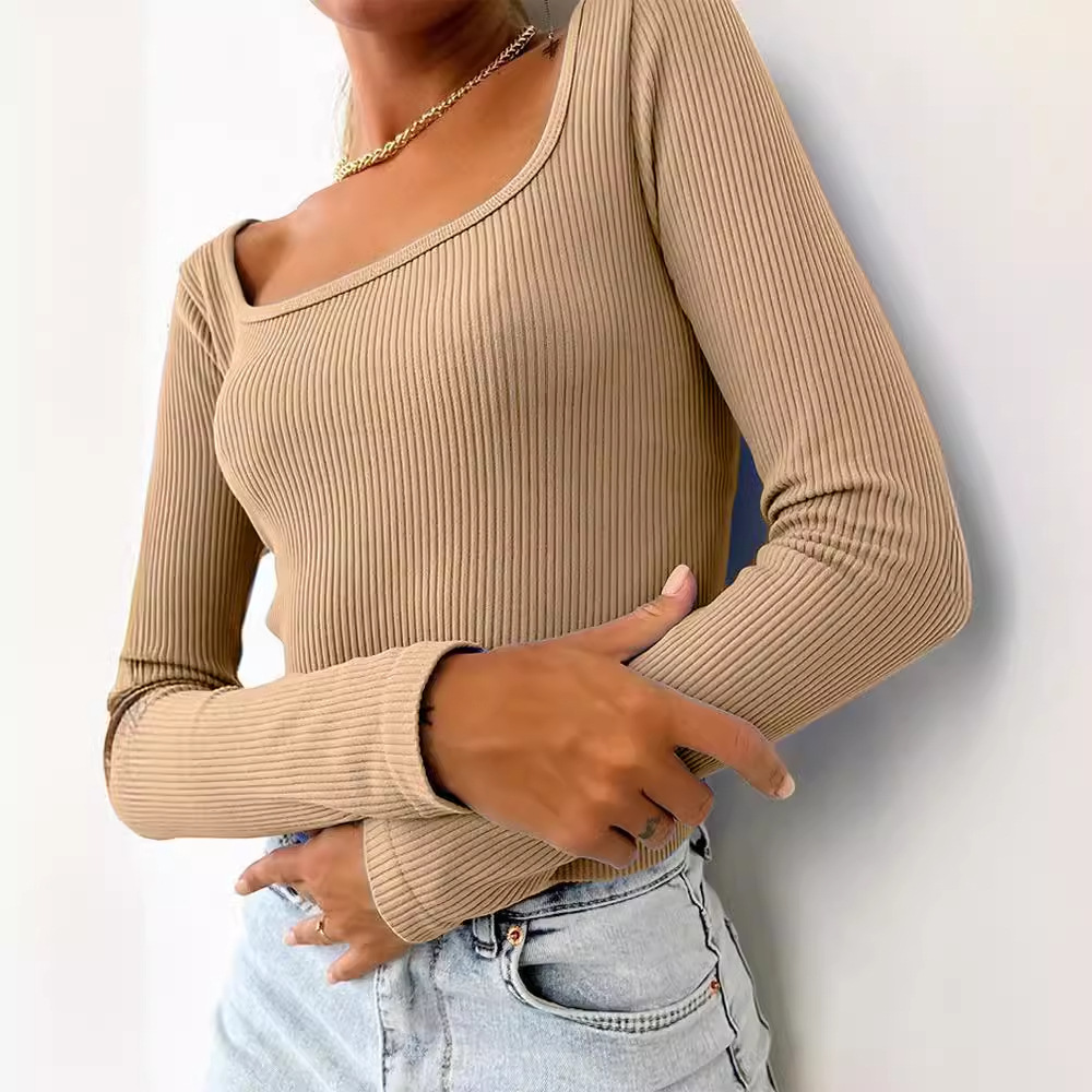 Women's Clothing Ribbed round neck solid color bottoming T shirt for women bright color spring fashion navel baring tight long sleeved short top_voghion.com