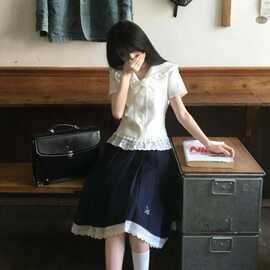 女宝蕾丝拼接短袖衬衫半身中长裙两件套中大童夏季新款撞色两件套
