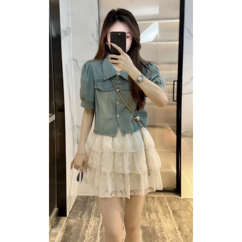 «Кросс-браничная торговля»? universal design set, brace, denim jacket, city style, trend of season, with short sleeve